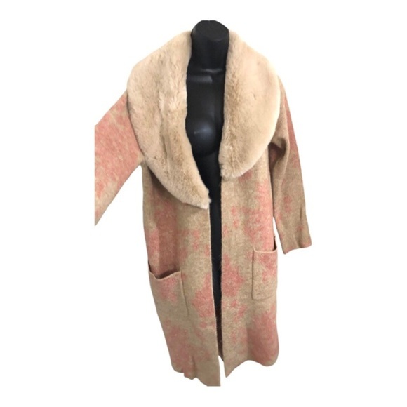 Tan & pink glam oversized faux fur collar open front long cardigan size small - Picture 10 of 14